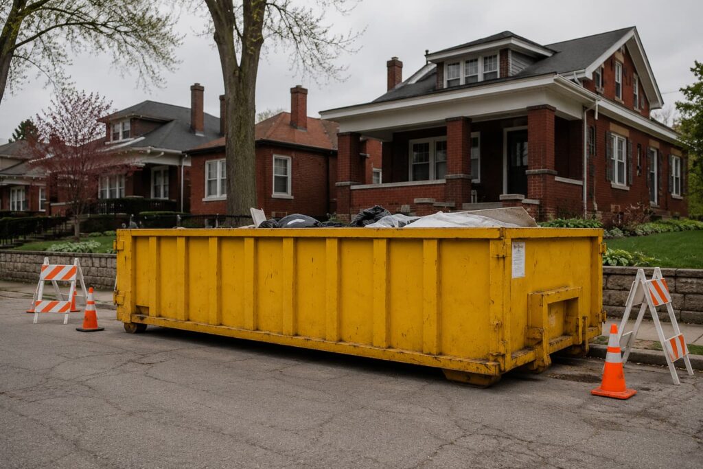 Roll-off container with required street permit and safety barricades on East Peoria public right-of-way