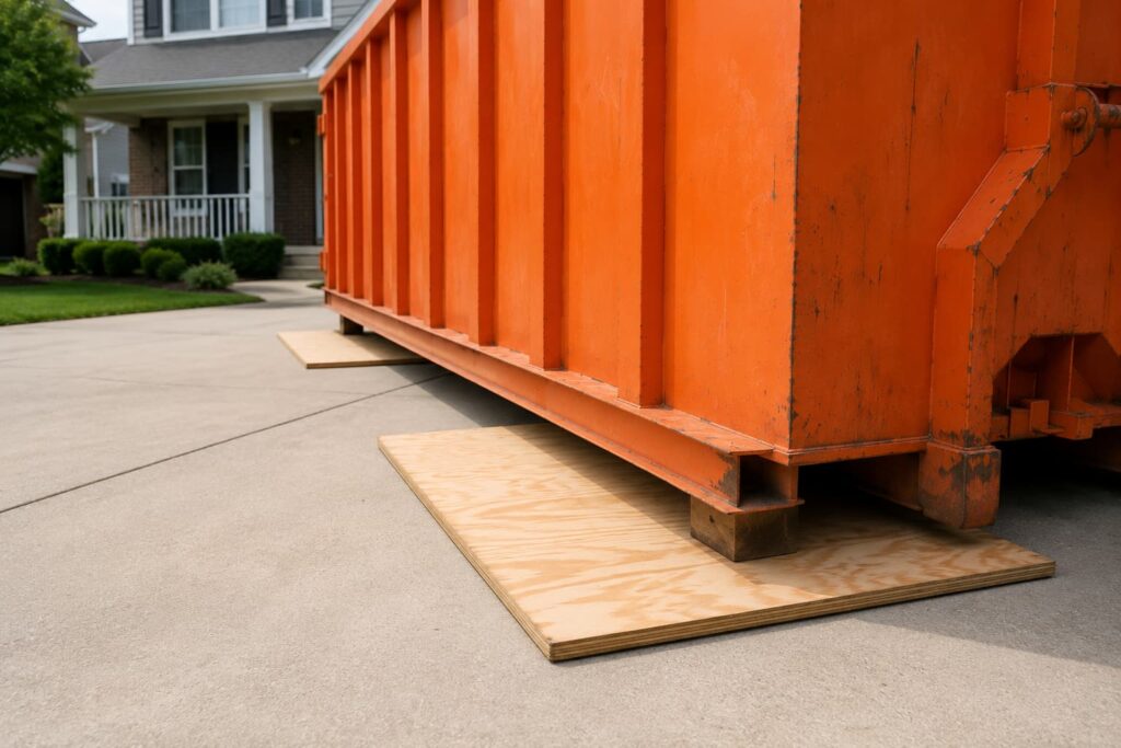 driveway safe dumpster rental Dunlap IL with protective wood planks under container rails on residential concrete driveway