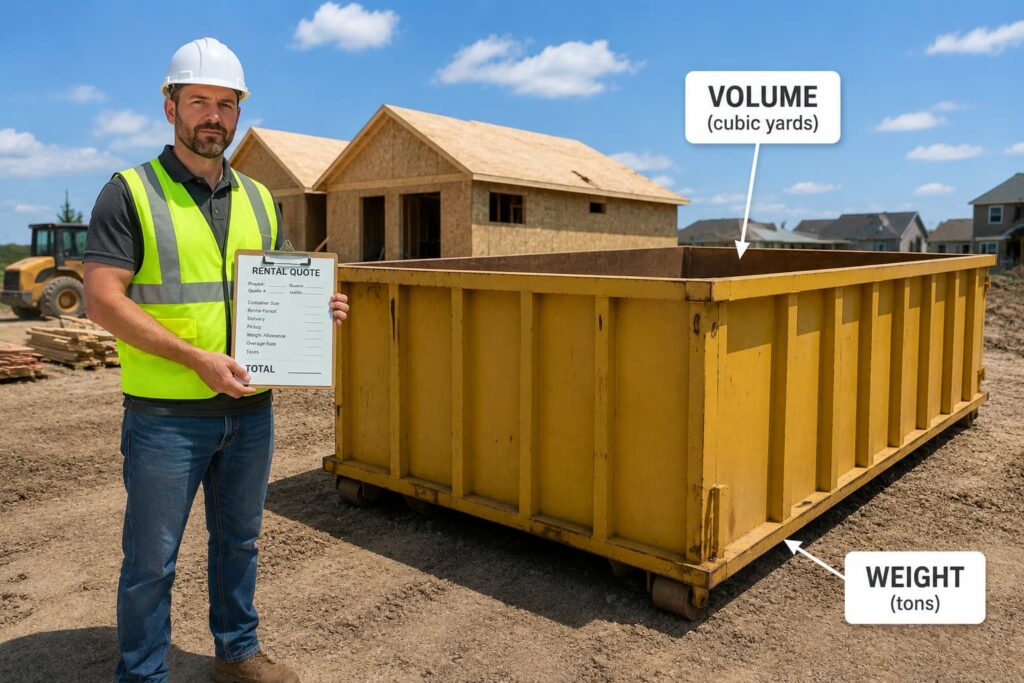 contractor reviewing dumpster rental weight limit vs volume at an East Peoria IL job site