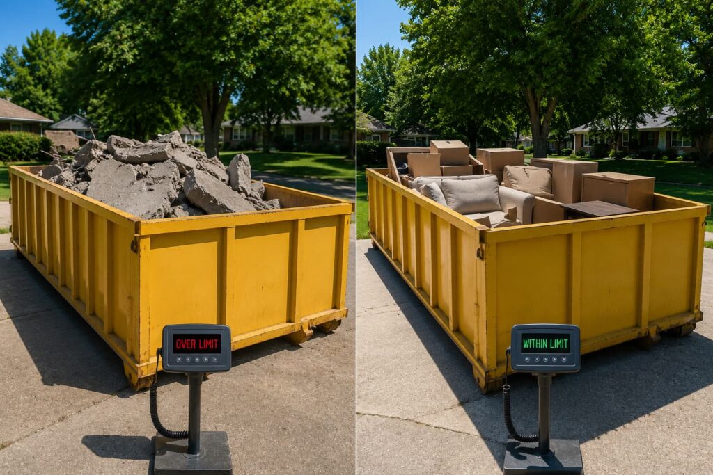 cheap dumpster rental East Peoria IL weight limit comparison — over versus within weight allowance