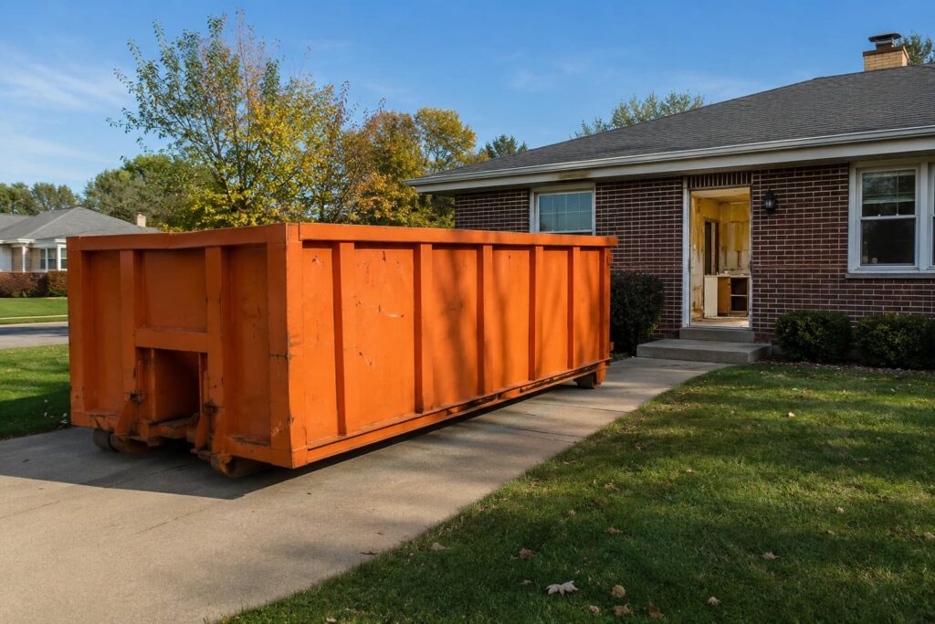 rent a dumpster East Peoria IL — orange roll-off container in residential driveway during kitchen renovation