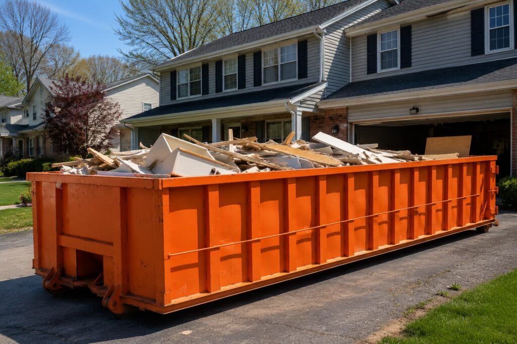 30 yard dumpster rental Washington IL positioned on a residential driveway filled with renovation and cleanout debris