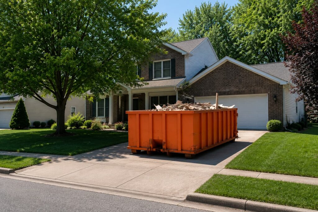 A residential driveway in Peoria County after a home renovation project showing how dumpster rental (Dunlap IL) costs can be efficient if the right sized container is filled within maximum limits