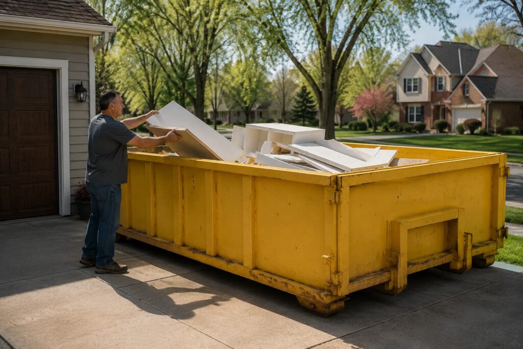 Dumpster rental near me East Peoria — 20-yard roll-off container in residential driveway during spring renovation