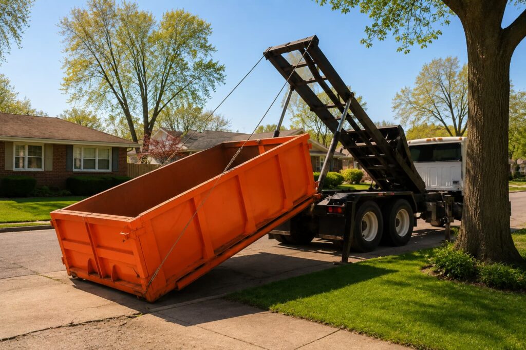 same day dumpster East Peoria IL being placed in a residential driveway on a spring morning