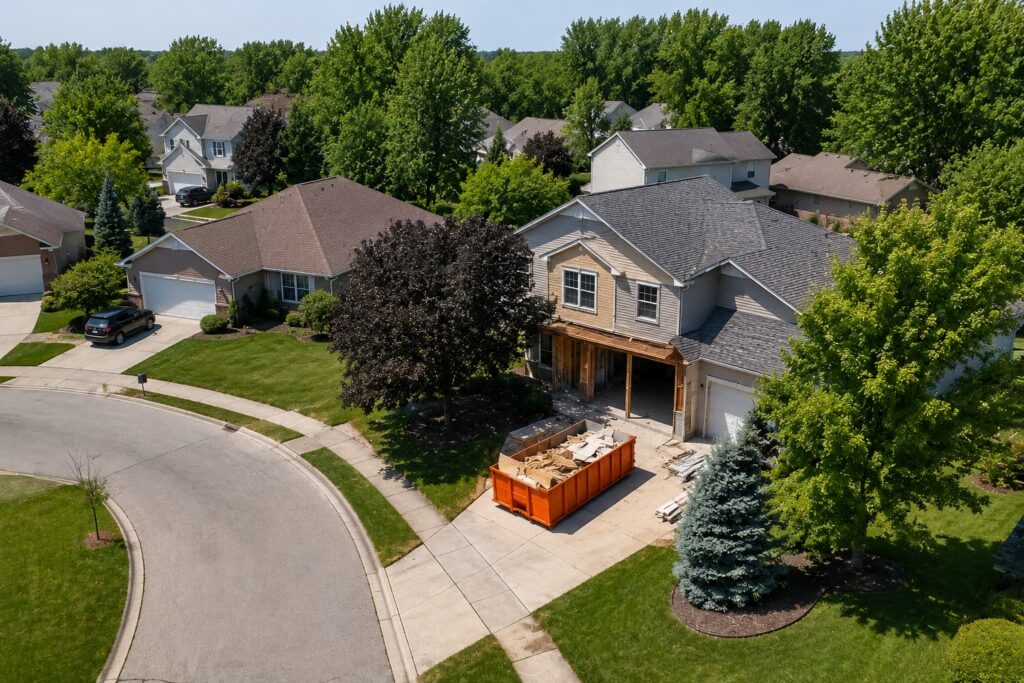 aerial view of a Peoria County neighborhood with a residential dumpster rental Dunlap IL visible on driveway during home renovation