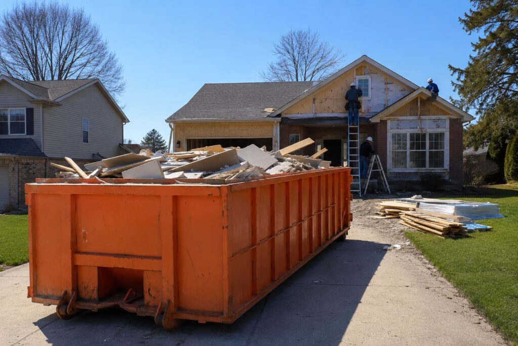 construction dumpster rental Washington IL positioned on a residential driveway during an active home renovation project