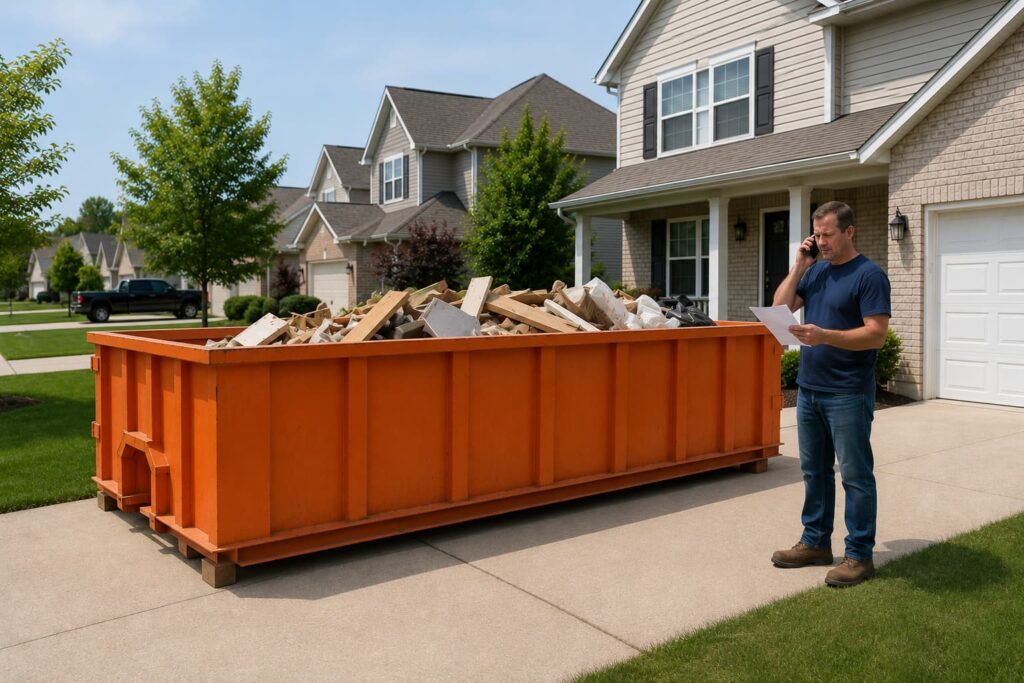 residential dumpster rental Morton IL positioned on driveway with homeowner preparing for cleanout project in Tazewell County