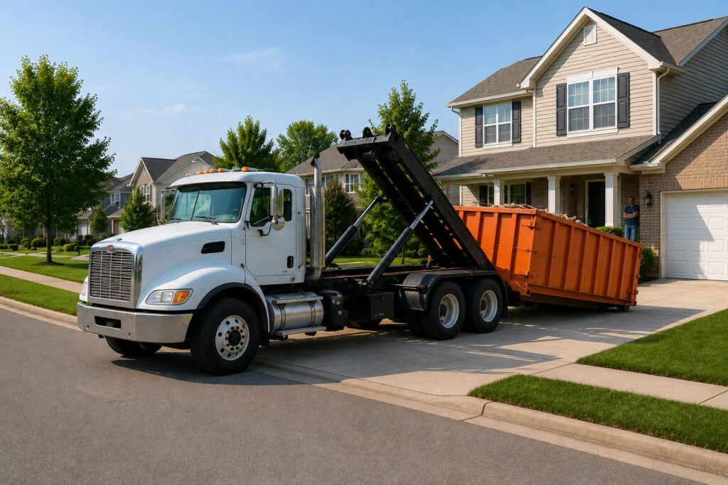 roll off dumpster rental Morton IL pickup truck arriving at residential driveway in Tazewell County to collect full container