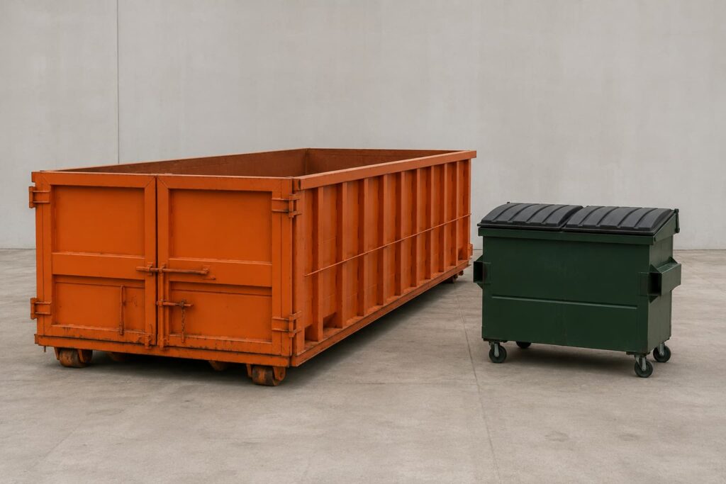 side-by-side comparison of a large open-top roll off container rental Washington IL and a smaller commercial front-load dumpster showing size and design differences on a clean concrete surface