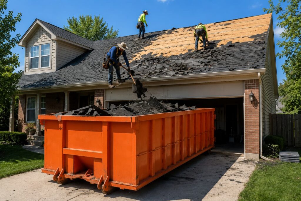 roofing dumpster rental Washington IL positioned in driveway below roof eave during asphalt shingle tear-off