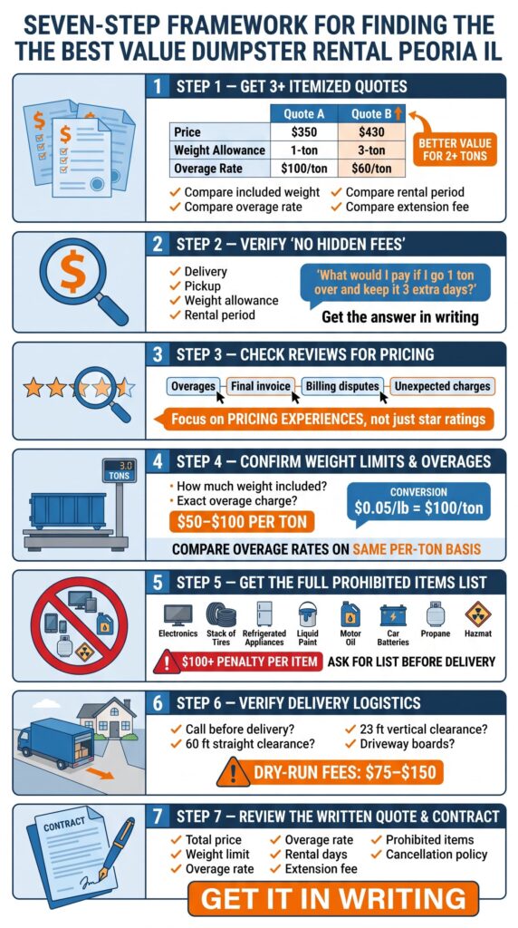Seven-step guide to finding the best value dumpster rental Peoria IL, including quote comparison, hidden fees, weight limits, overage charges, prohibited items, delivery logistics, and contract review.