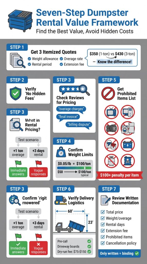 infographic showing a 7-step framework for a smart approach to dumpster rental