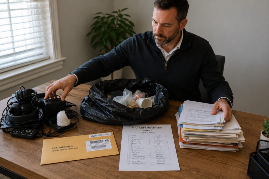 Peoria landlord sorting abandoned property by category to comply with Illinois regulations for disposing of abandoned property