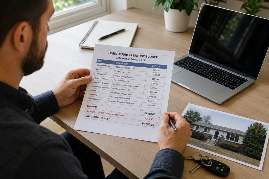 Real estate investor budgeting foreclosure cleanout costs with line-item breakdown spreadsheet for a Peoria IL property