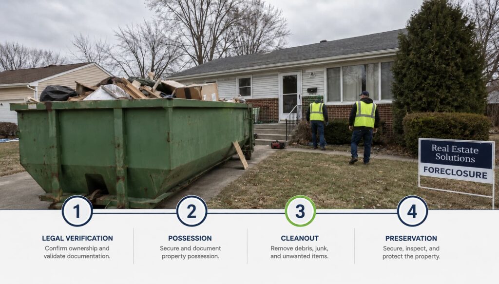 Foreclosure property cleanout timeline in progress at a Peoria IL home — dumpster in driveway and four-phase process illustrated