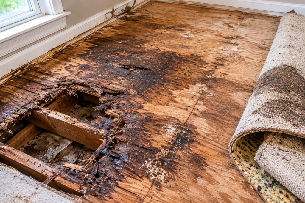 Rotted subfloor discovered during hoarder tenant cleanup in a Peoria IL rental property — hidden structural damage common in hoarding situations