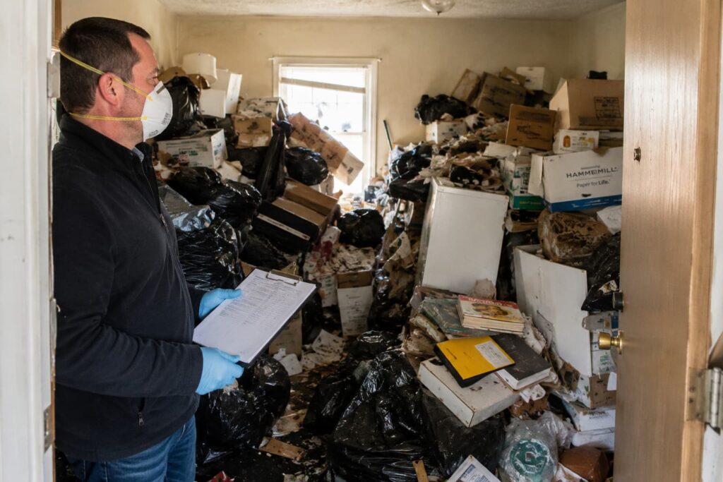 A landlord wearing an N95 respirator mask and latex gloves stands at the doorway of a severely cluttered midwestern rental unit. The interior is filled floor to ceiling with stacked boxes, black garbage bags, and miscellaneous debris