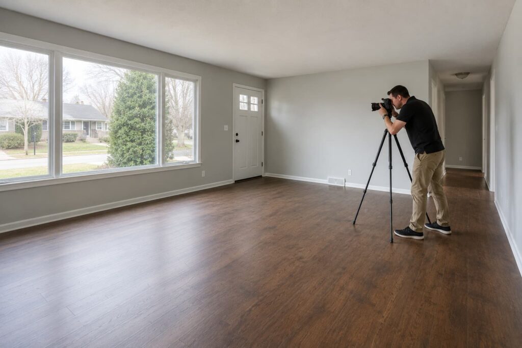 Professional photographer capturing post-cleanup listing photos to market foreclosed home in Peoria IL