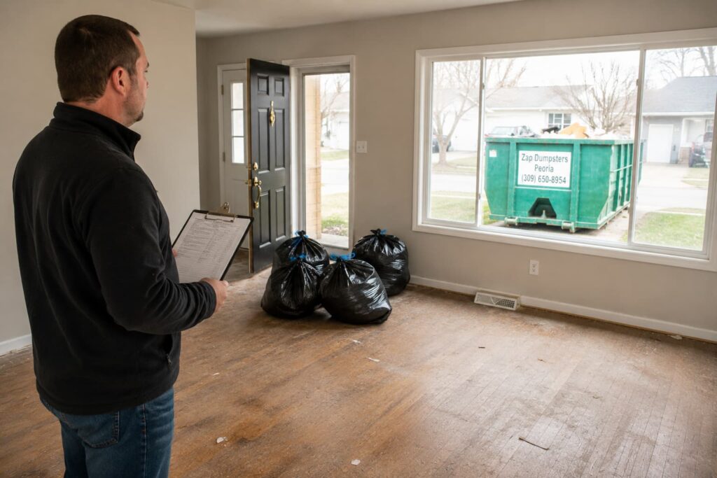 Peoria property manager using a landlord guide to waste removal between tenants with roll-off dumpster visible in driveway