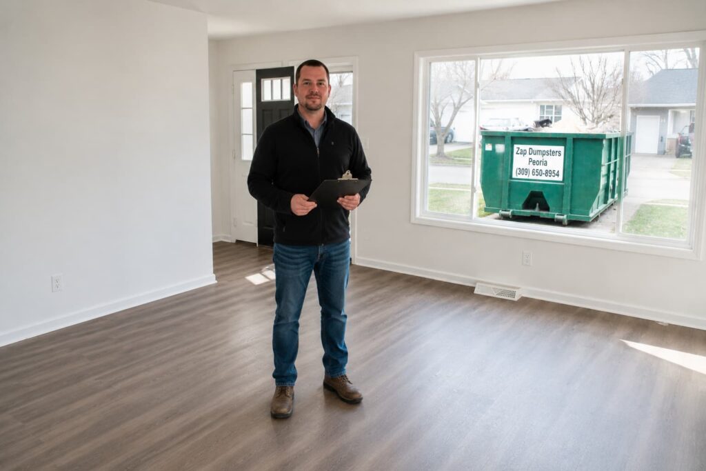 Fully restored rental unit in Peoria IL after tenant leaves — fresh paint, clean floors, and roll-off dumpster visible outside