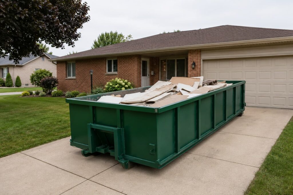 20-yard roll-off dumpster rental in East Peoria IL, Tazewell County, on a residential driveway, filled with renovation debris