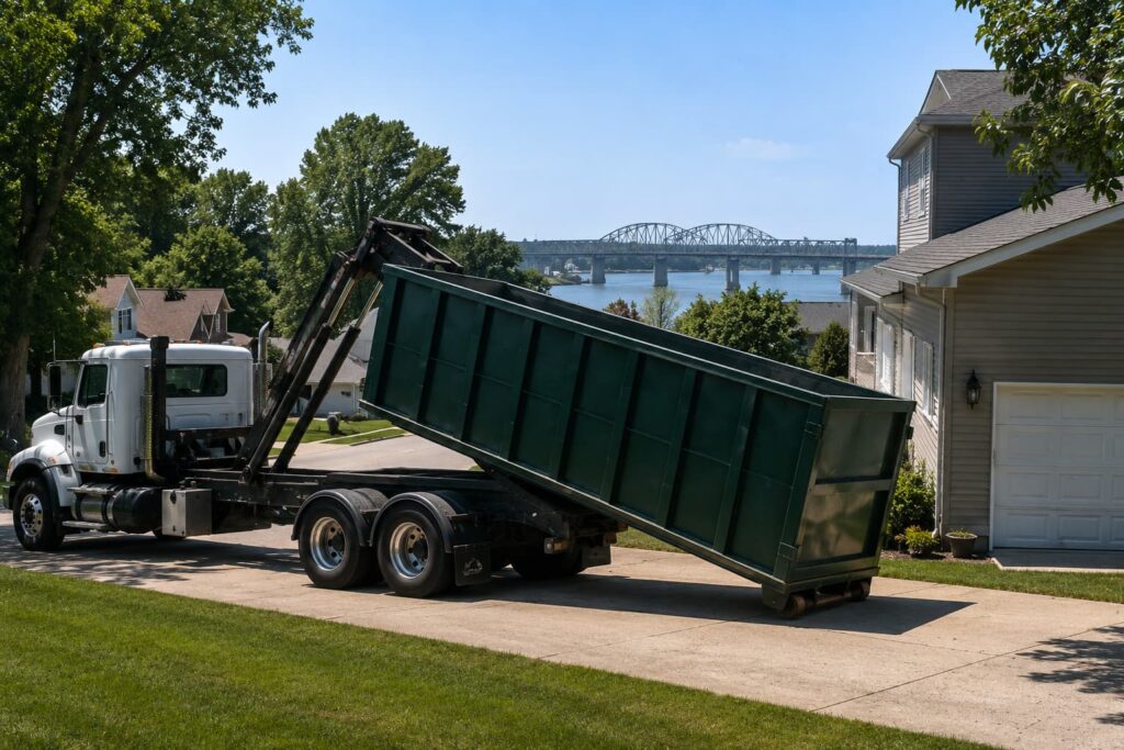 Same-day dumpster rental in East Peoria IL — roll-off container delivery on residential street with Illinois River bridge in background