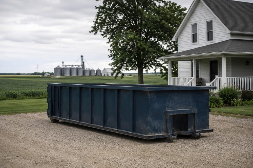 Dumpster rental Woodford County IL — roll-off container on rural gravel driveway with agricultural landscape background