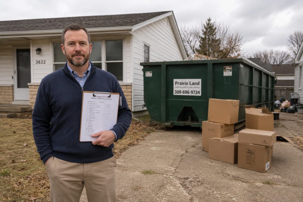 Peoria landlord reviewing tenant eviction cleanouts legal considerations checklist beside a roll-off dumpster at a Central Illinois rental property