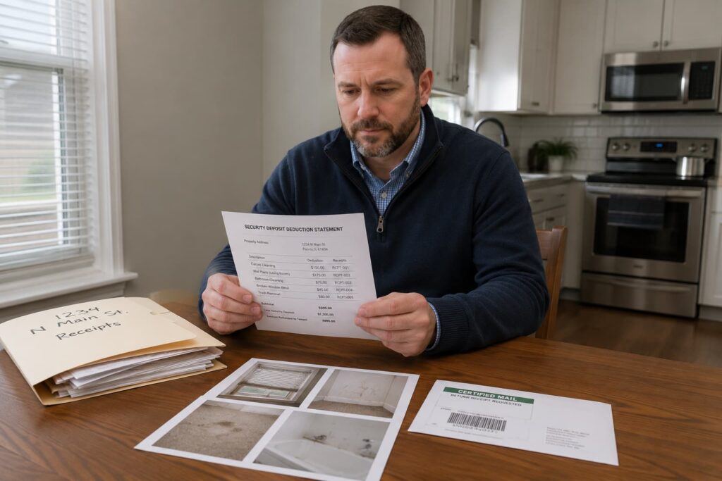 Peoria landlord reviewing documentation needed to document tenant cleanout security deposits under Illinois law