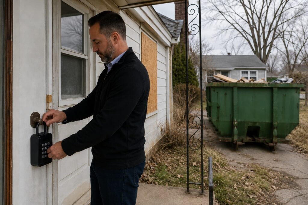 Peoria investor securing a vacant foreclosed property on day one — contractor lockbox installation with roll-off dumpster in driveway for cleanout