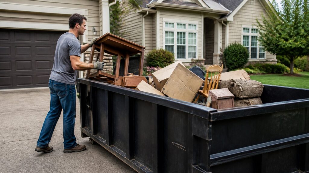 what can you put in a dumpster in Peoria IL shown with homeowner loading household junk into roll-off container