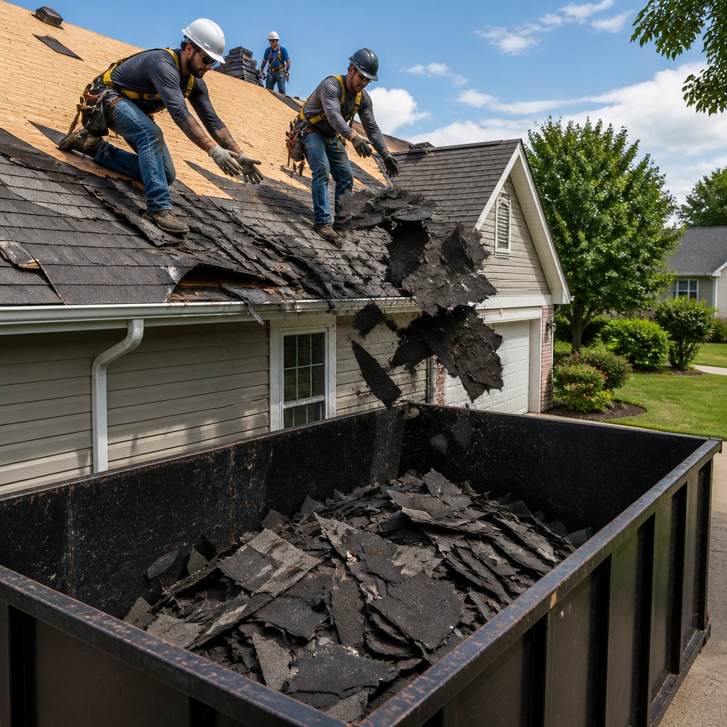 roofing crew tossing asphalt shingles from roof edge into open top roll-off dumpster below