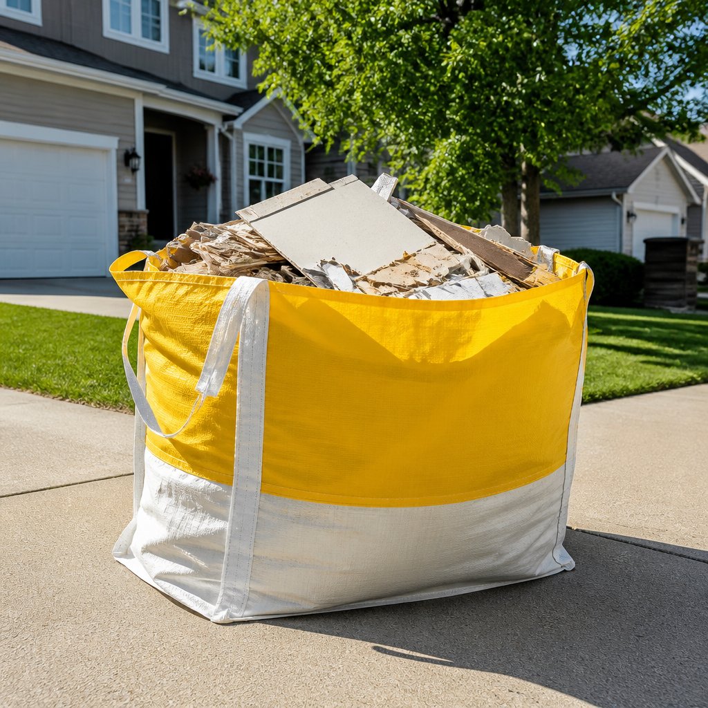 yellow and white bagster bag sitting full on residential concrete driveway