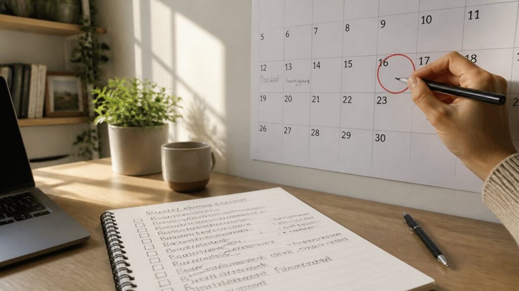 how far in advance should you book a dumpster rental in Peoria IL shown with calendar planning checklist