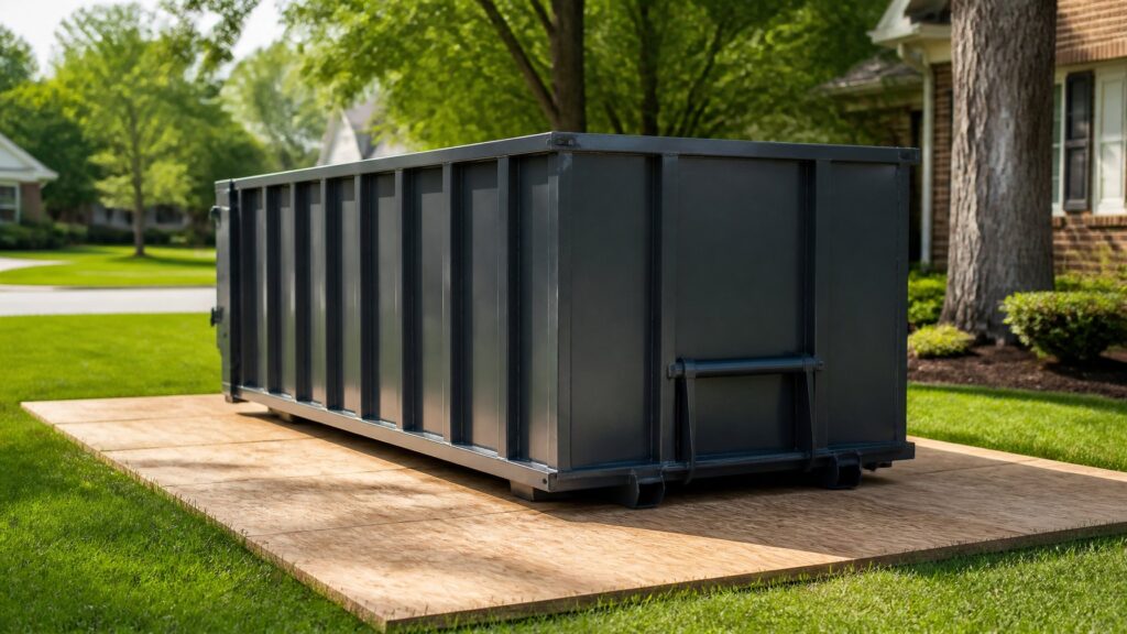 can you put a dumpster on grass in Peoria IL shown with plywood protection under roll-off container on lawn