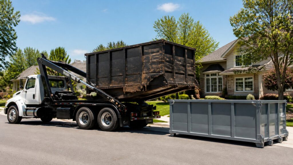 what is a dumpster swap out service and how does it work in Peoria IL shown with truck exchanging full for empty container