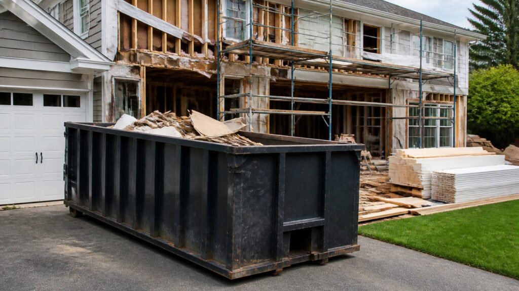 how does a long term dumpster rental work for DIY projects in Peoria IL shown with extended renovation project and dumpster on driveway