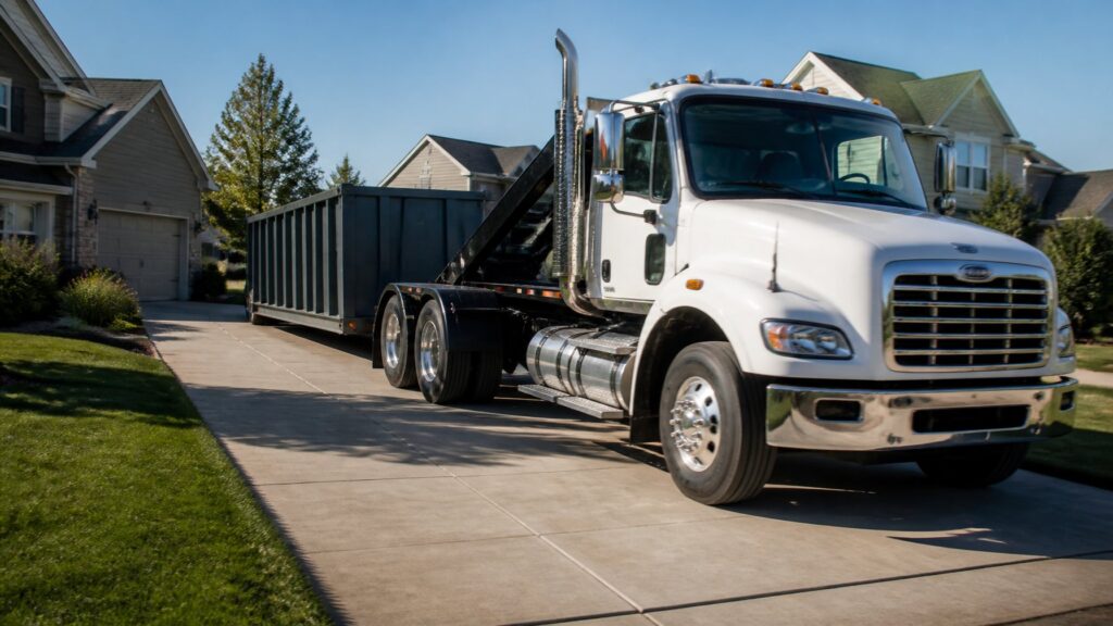 how do you book a next day dumpster rental in Peoria IL shown with roll-off truck backing into cleared driveway