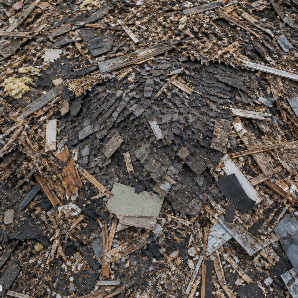 construction and demolition landfill section containing old asphalt shingles mixed with roofing material