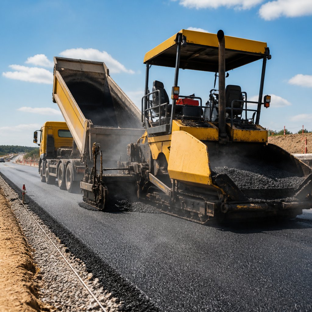 road paving machine laying fresh hot-mix asphalt on highway under construction