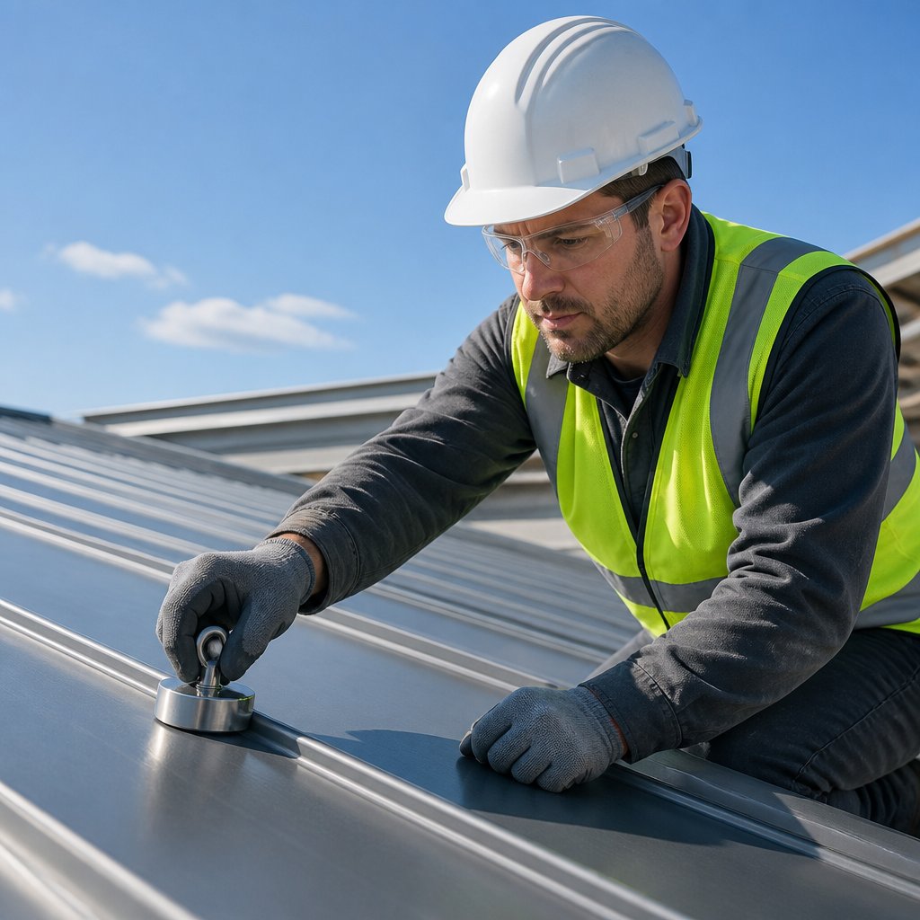 construction worker using handheld magnet on metal roofing panel to test for steel or aluminum