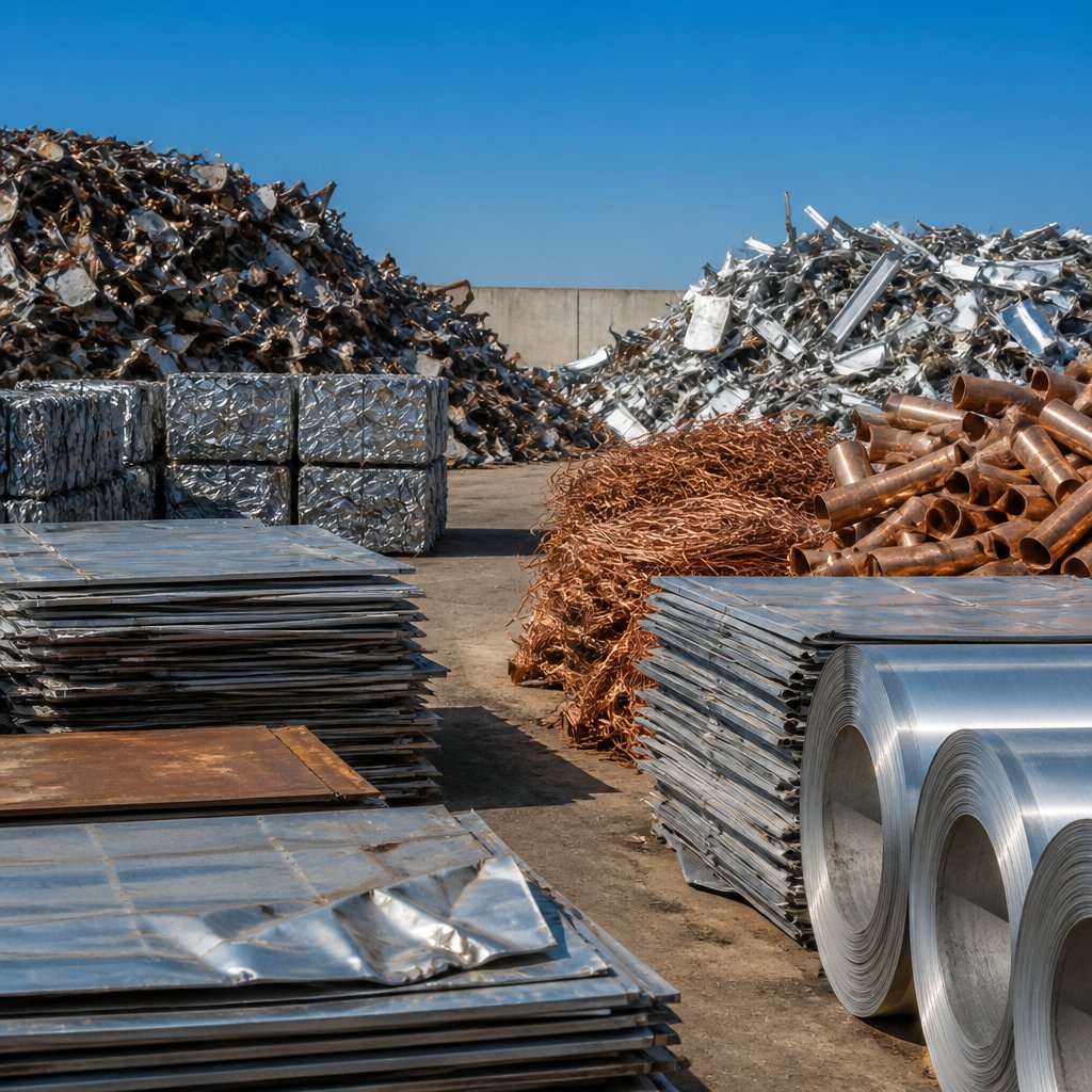 organized scrap metal yard with separate piles of ferrous and non-ferrous metals and flattened panels