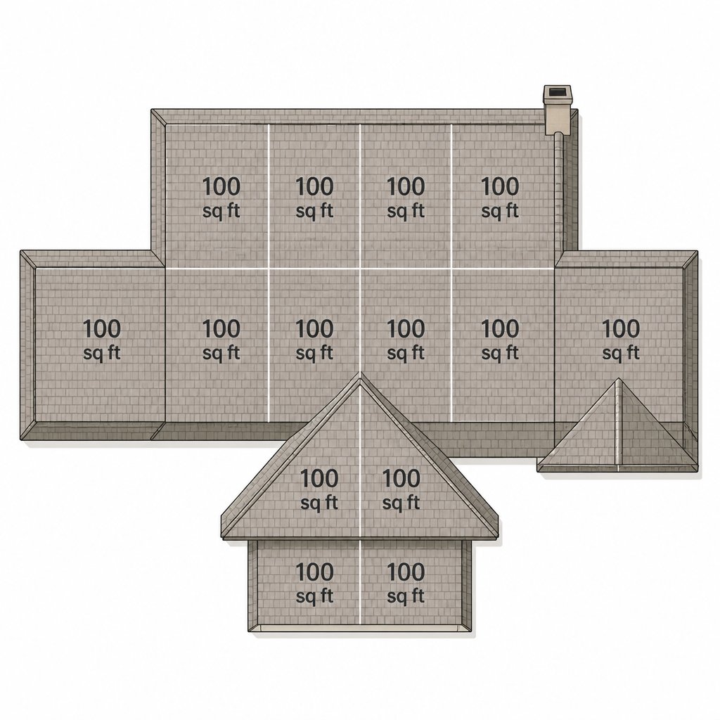 simple residential roof outline divided into labeled squares of 100 square feet each
