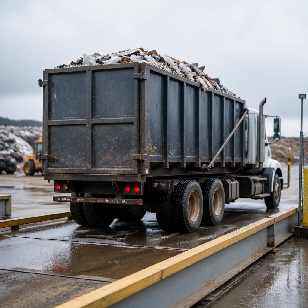 full roll-off dumpster being weighed on truck scale at transfer station landfill entry