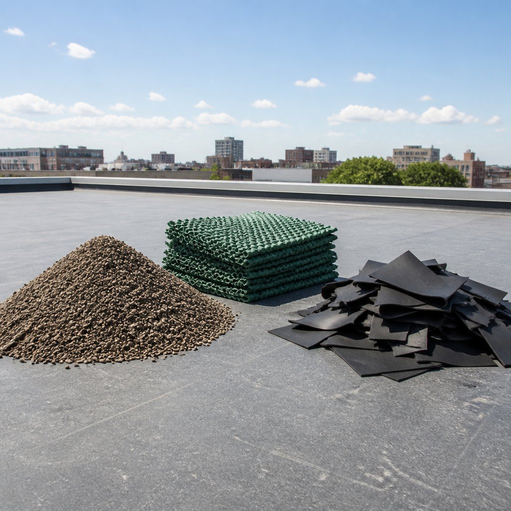 three separated piles of green roof materials including mineral substrate drainage mat and cut EPDM membrane