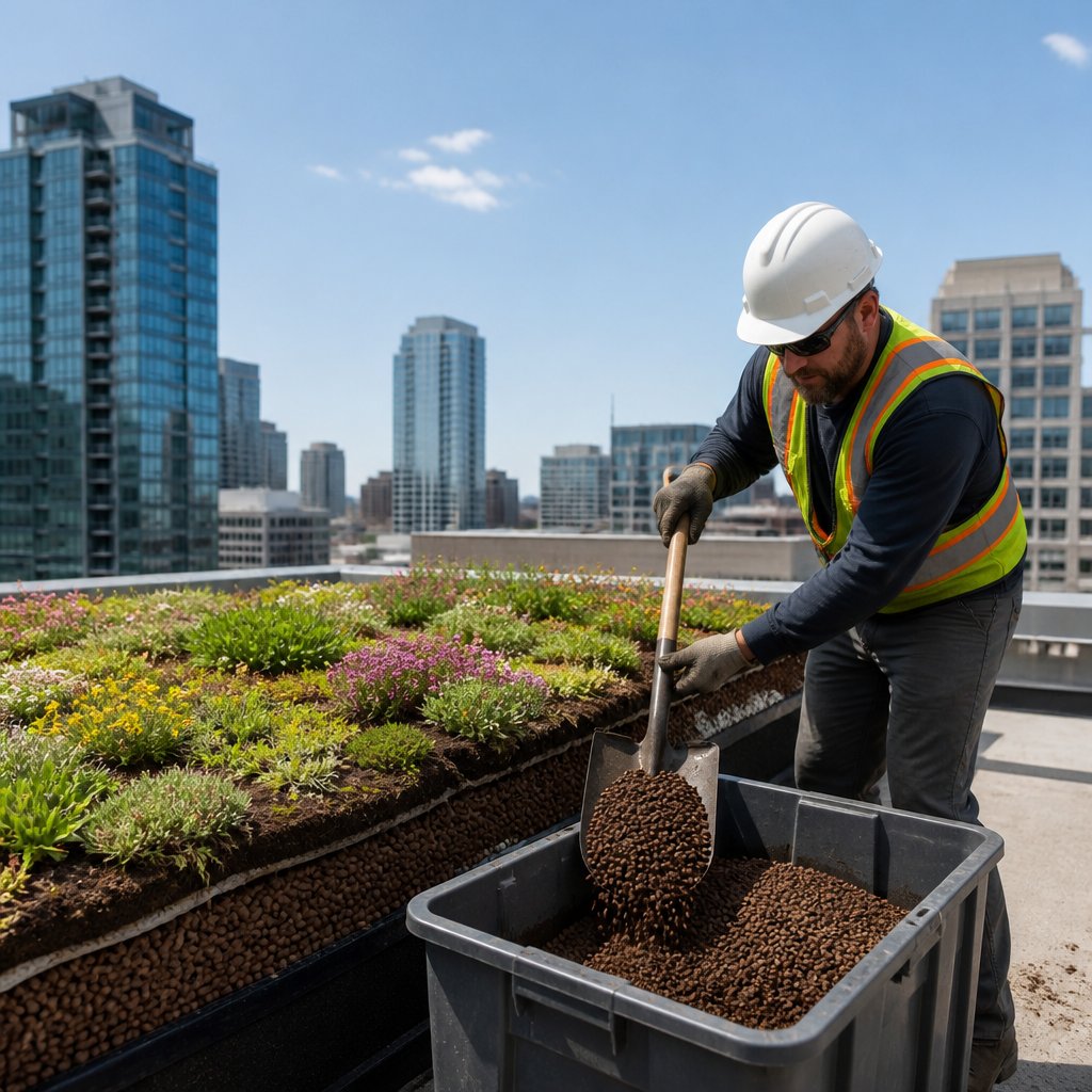 worker shoveling lightweight expanded clay aggregate substrate from green roof into container