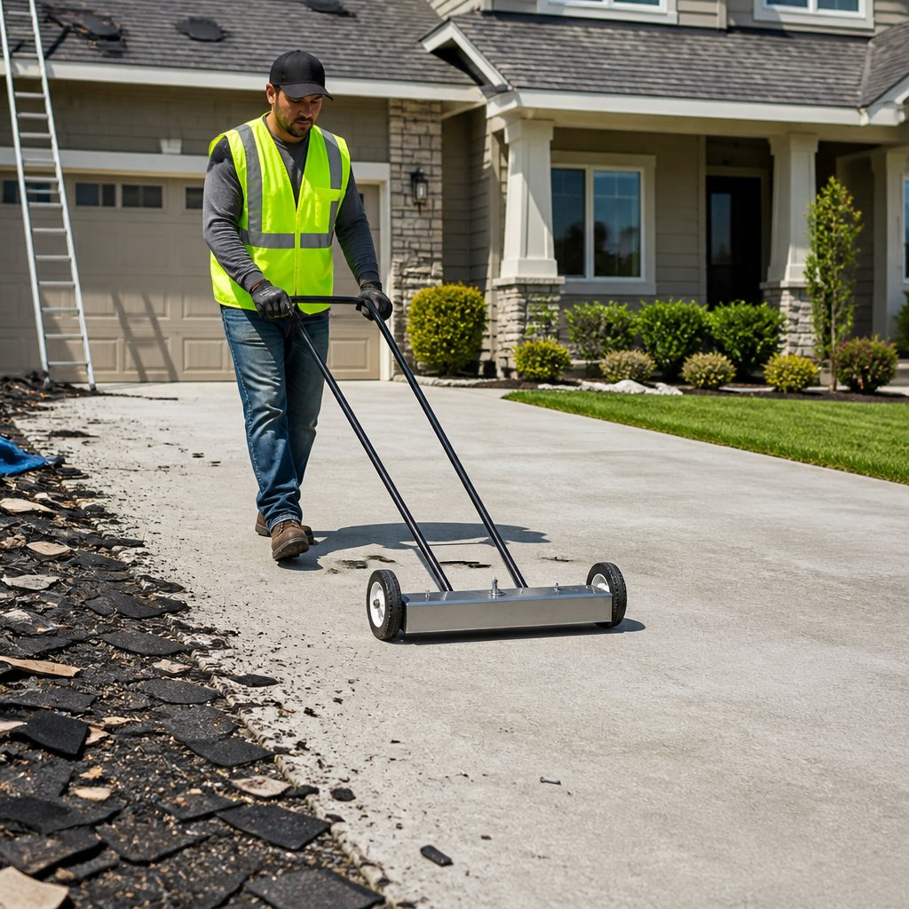 worker pushing wheeled magnetic nail sweeper across residential concrete driveway after roofing project
