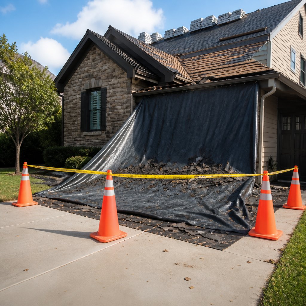 residential roofing project with safety cones and caution tape around designated debris drop zone