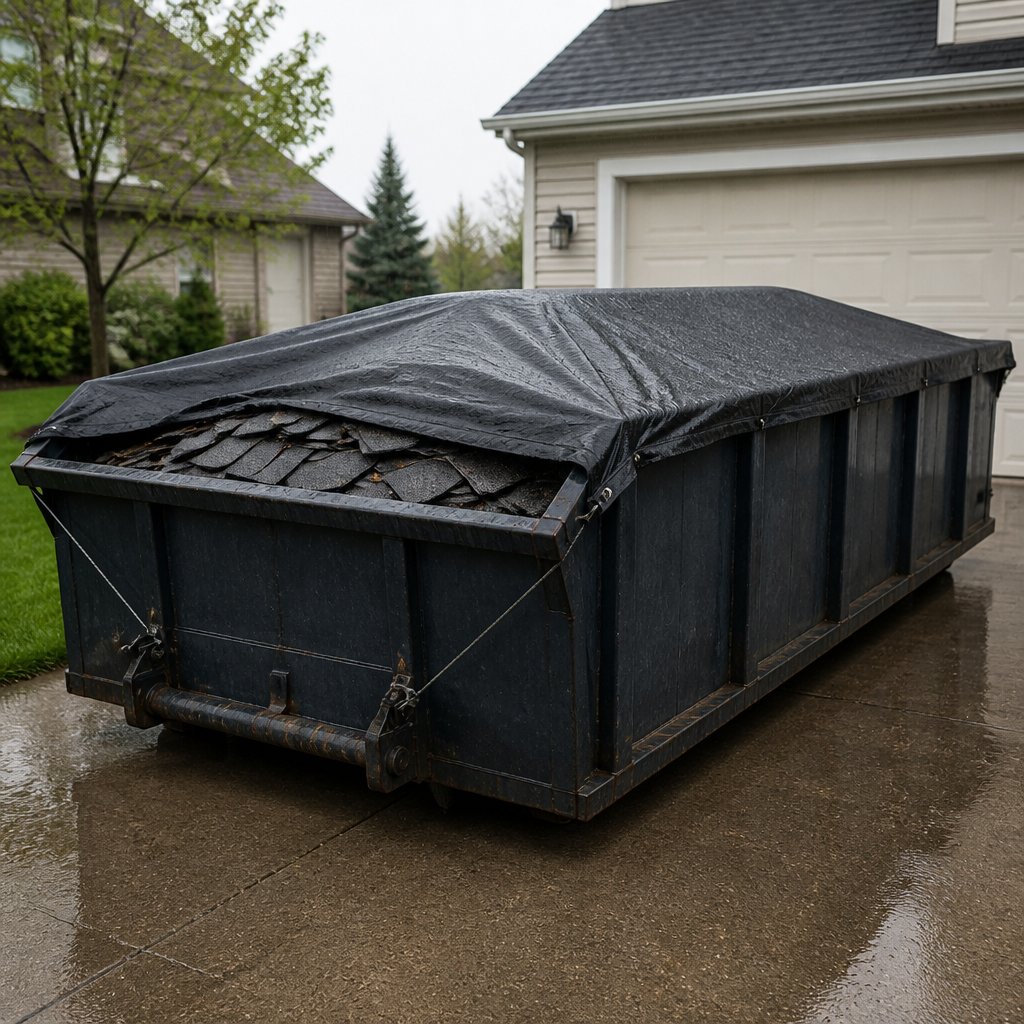 large roll-off dumpster partially filled with shingles covered with heavy duty tarp tied down at corners